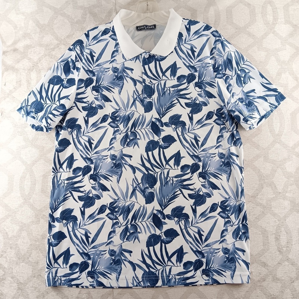 PJ Paul Jones Polo Mens Medium White Blue Floral Tropical Short Sleeve Shirt
